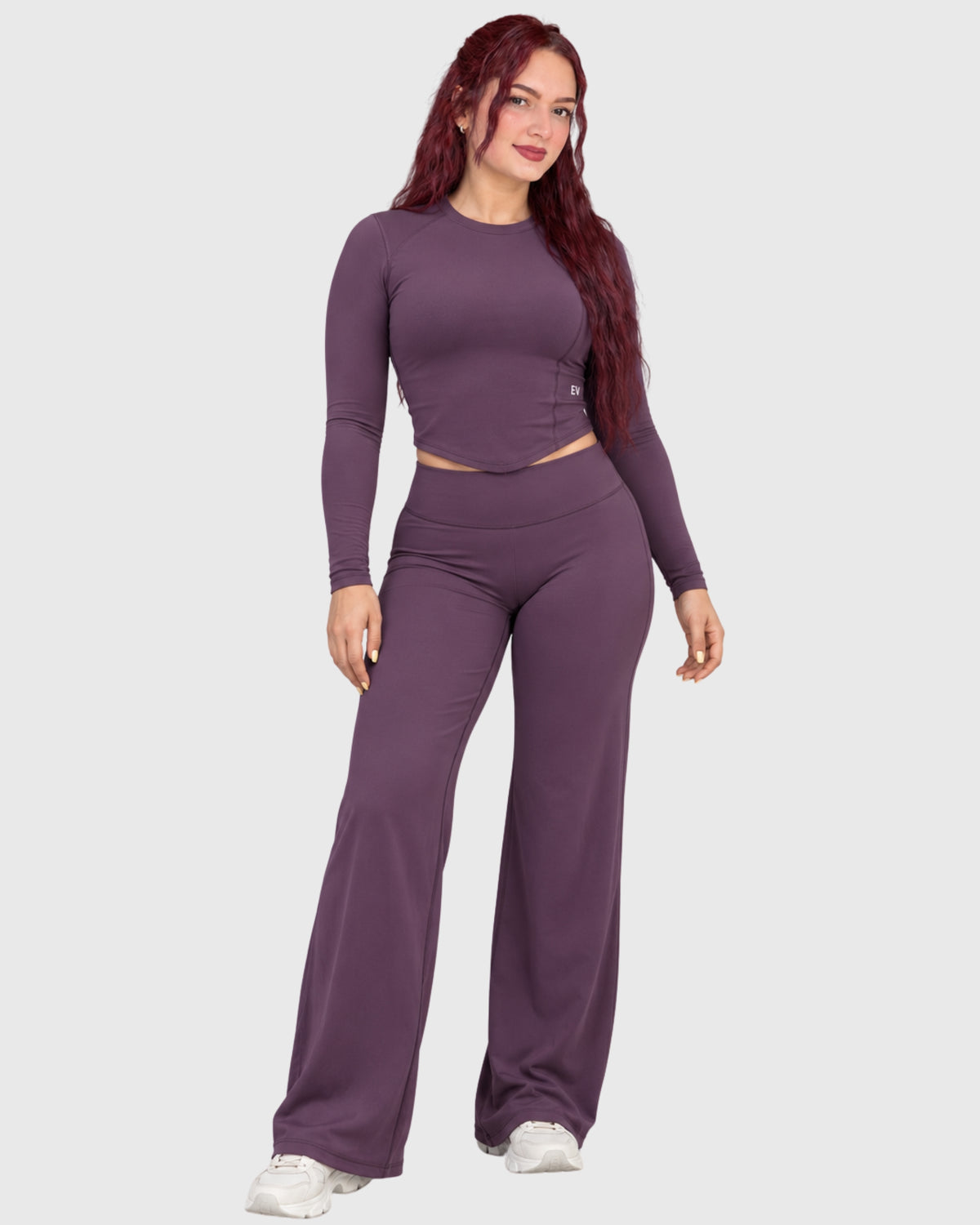 Stella Set in Plum Purple, front view of long-sleeve crop top and flared pants