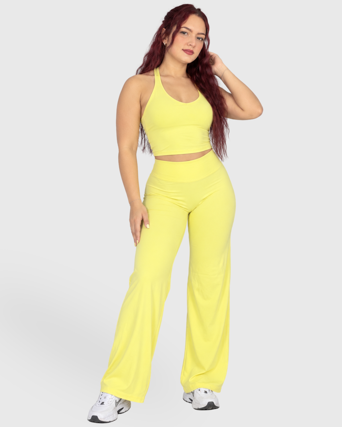 Selah Set in Yellow, full-body front view of halter top and wide-leg pants