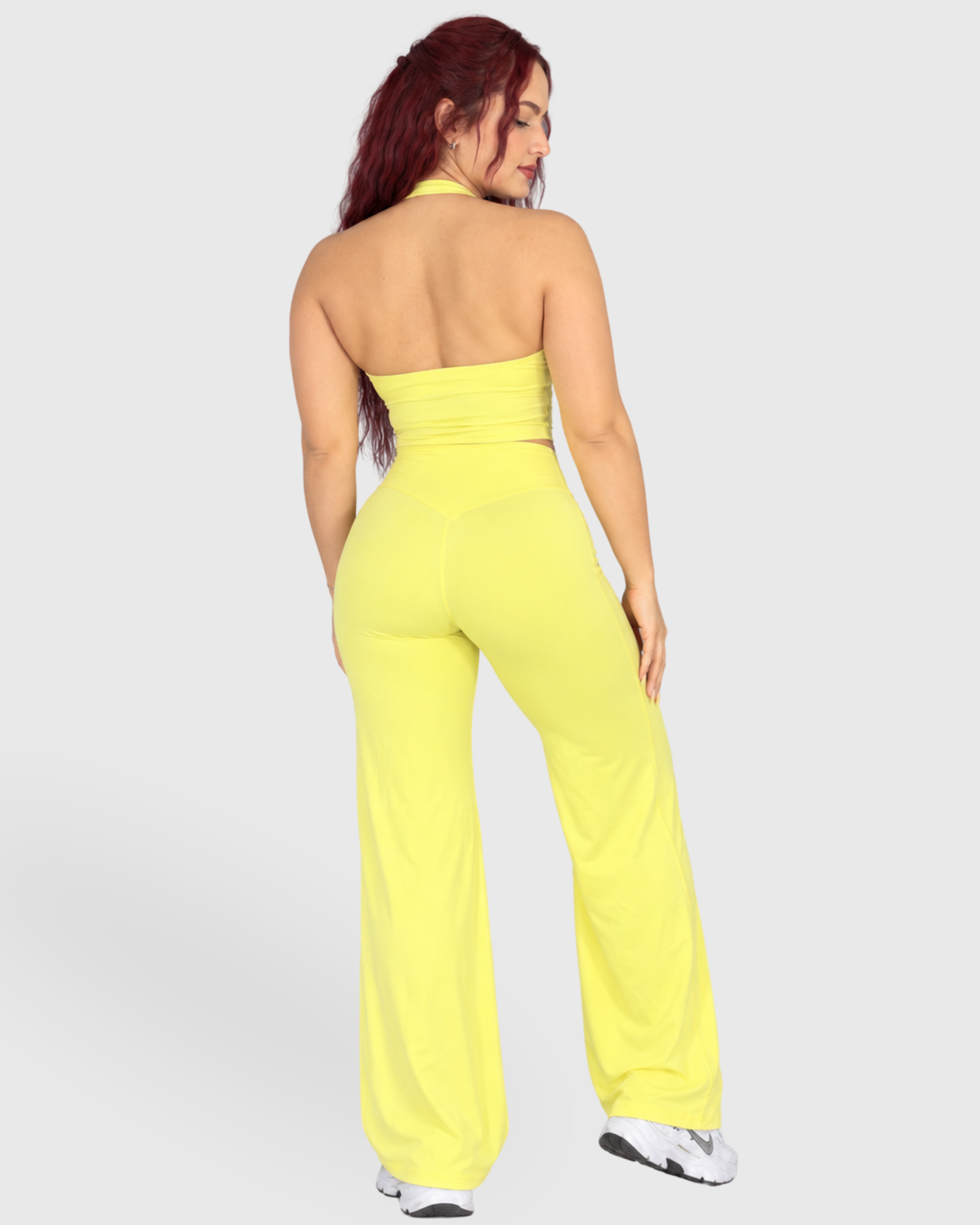 Selah Set in Yellow, full-body back view of open-back halter and pants