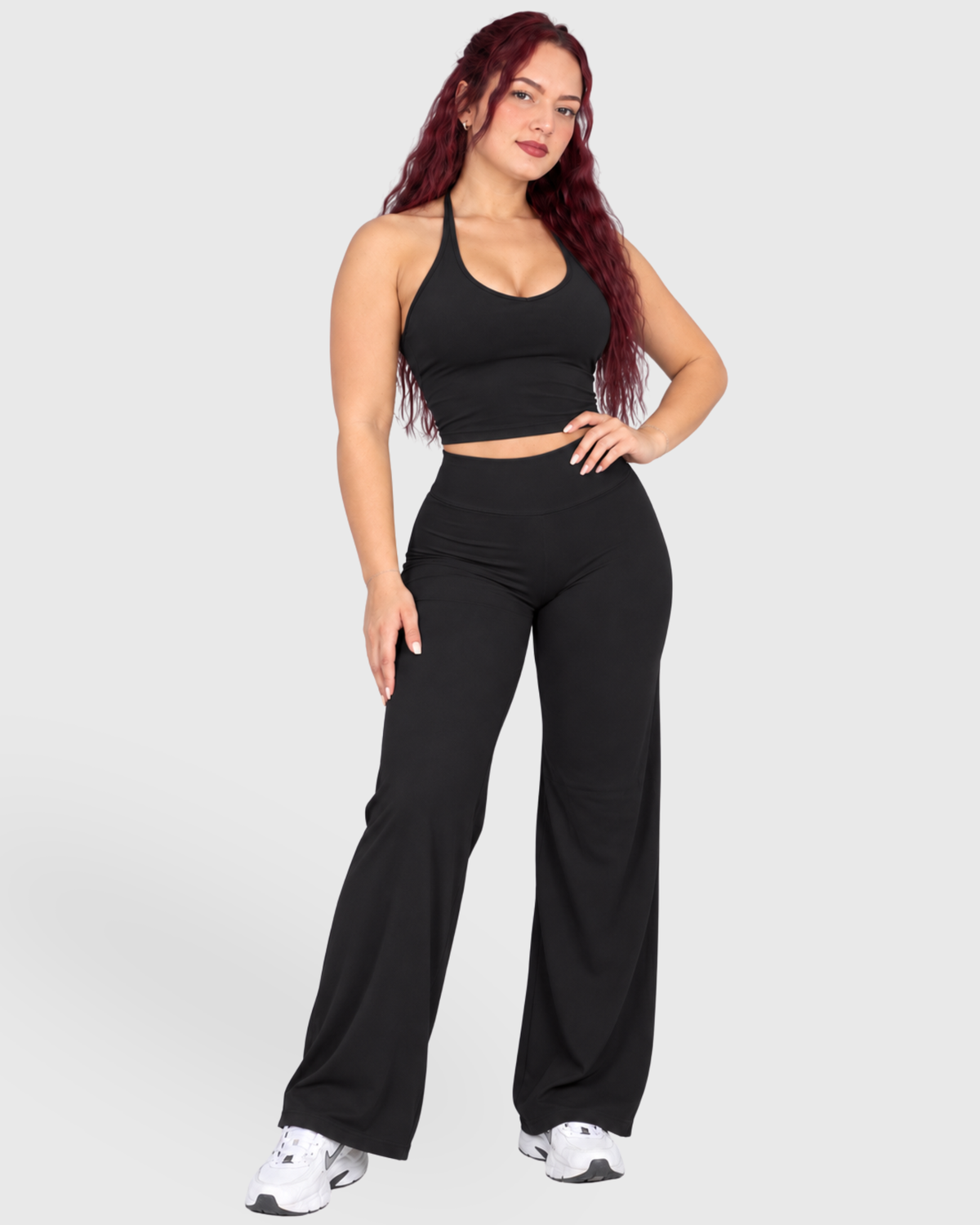 Selah Set in Black, full-body front view of halter top and wide-leg pants