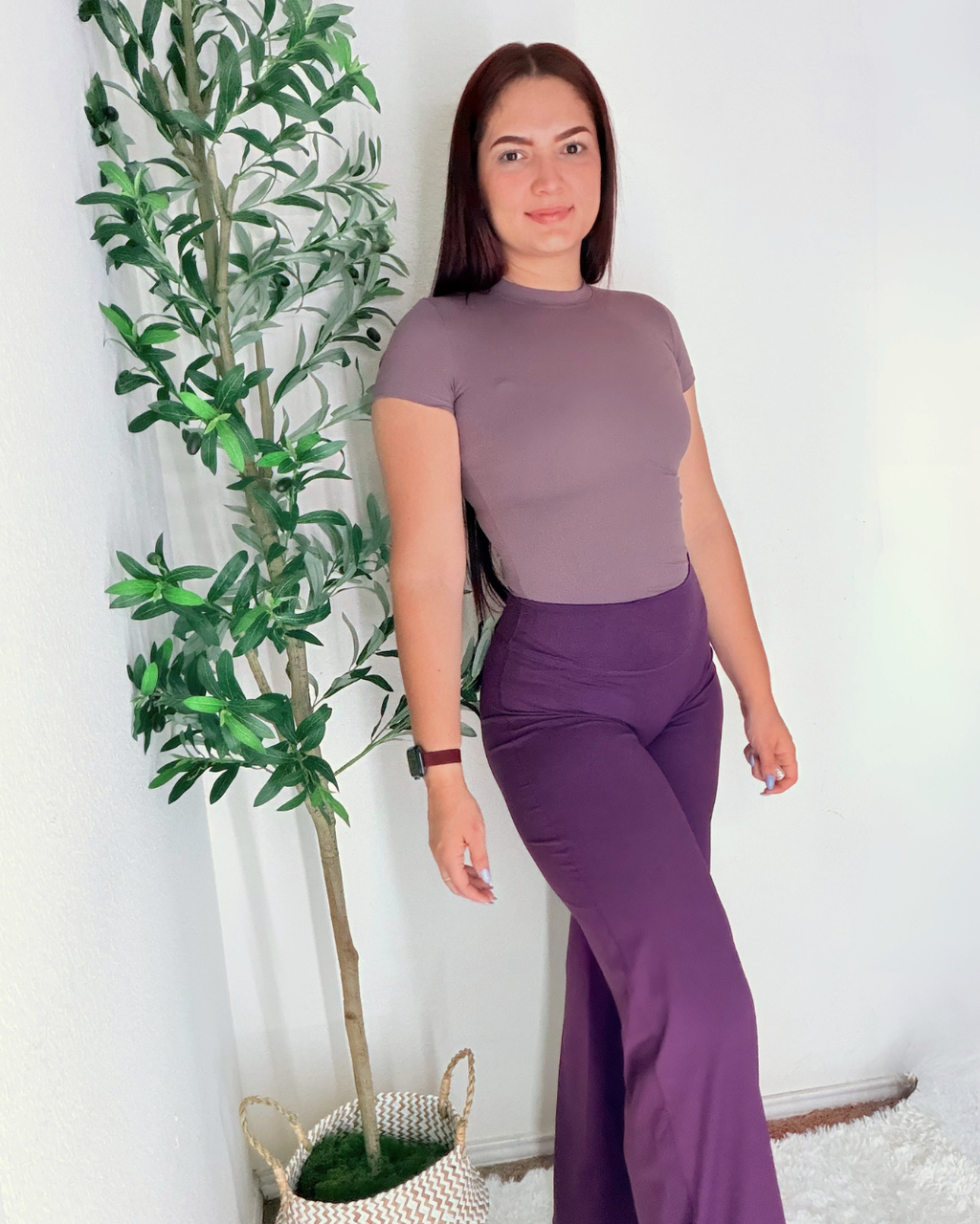 Serenity Pants in Purple, front view of wide-leg pants with fitted tee