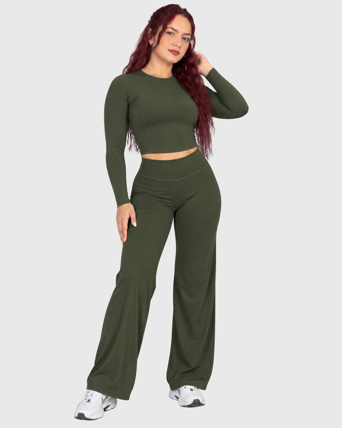 Stella Set in Olive Green, front view of long-sleeve crop top and flared pants