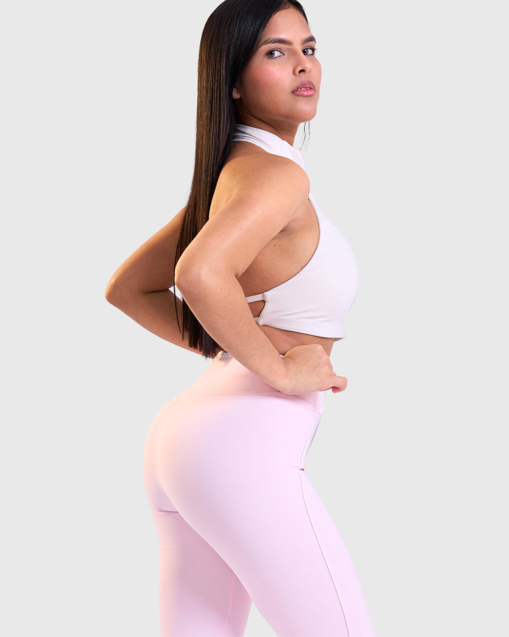 Sculpt Leggings in Pastel Pink, side and back view of sculpted fit