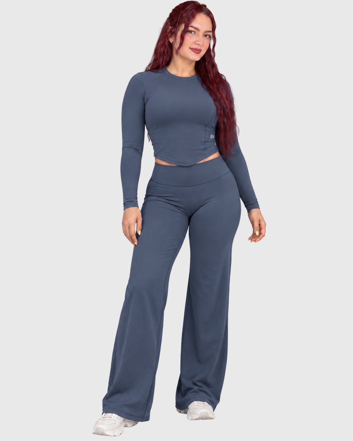 Stella Set in Blue, front view of long-sleeve crop top and flared pants