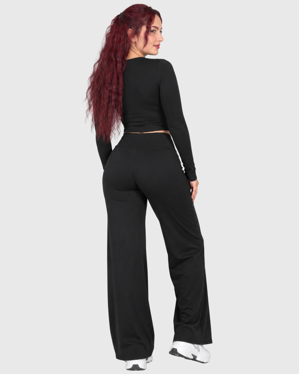 Stella Set in Black, back view of long-sleeve top and flared pants