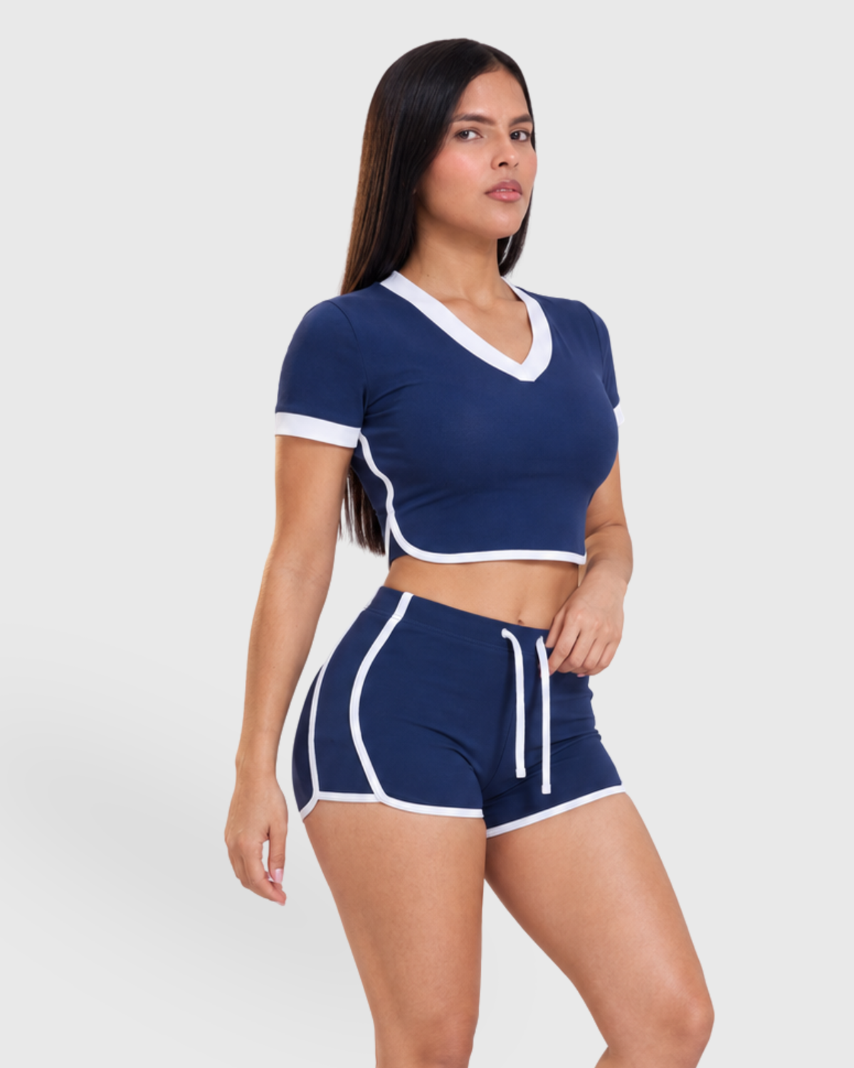 Rally Set in Navy, front view of V-neck crop top and shorts
