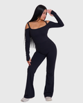 Off-Shoulder Flare Jumpsuit in Black, full-body front view with long sleeves