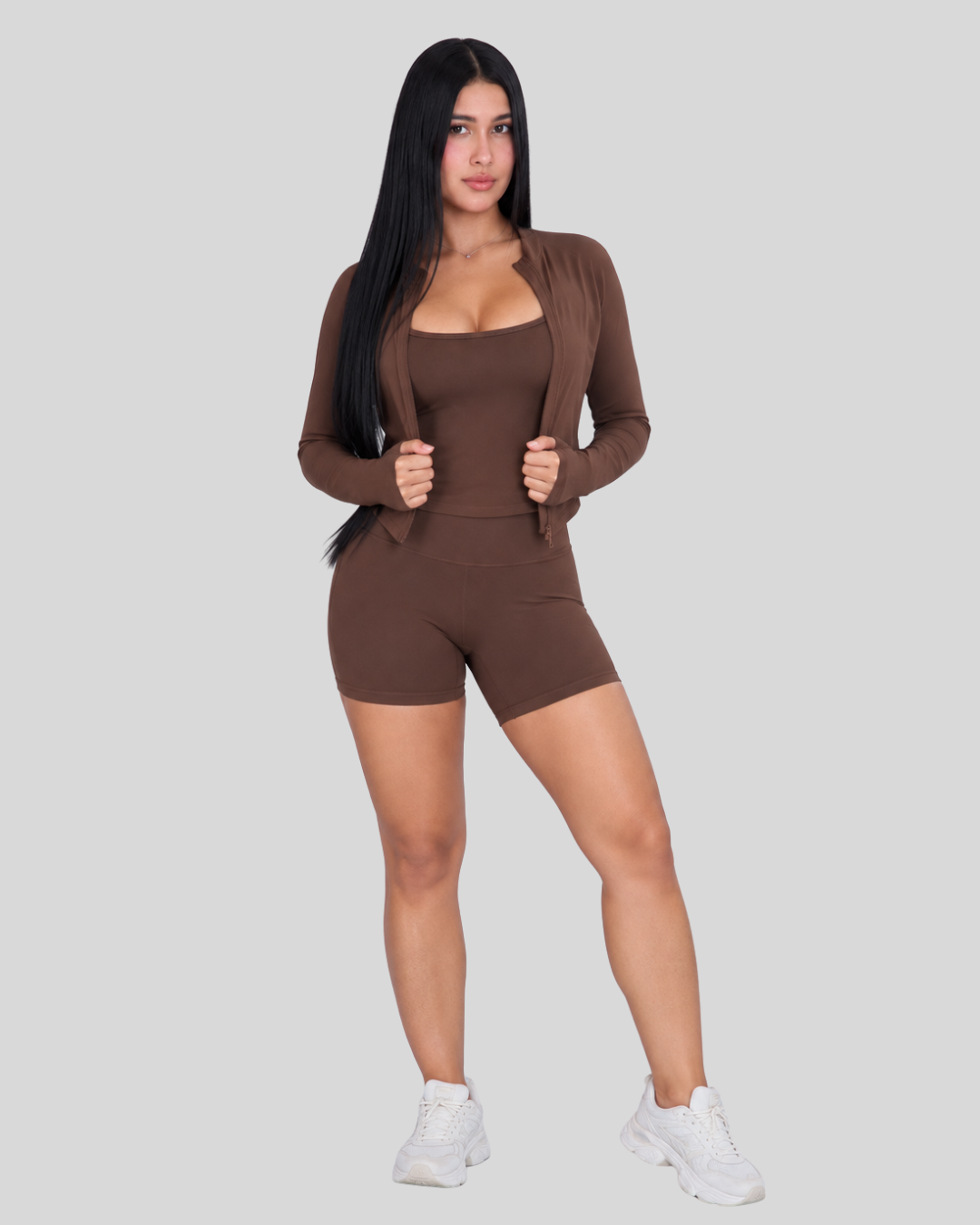 Rhythm Set in Brown, full-body front view of jacket, top and shorts