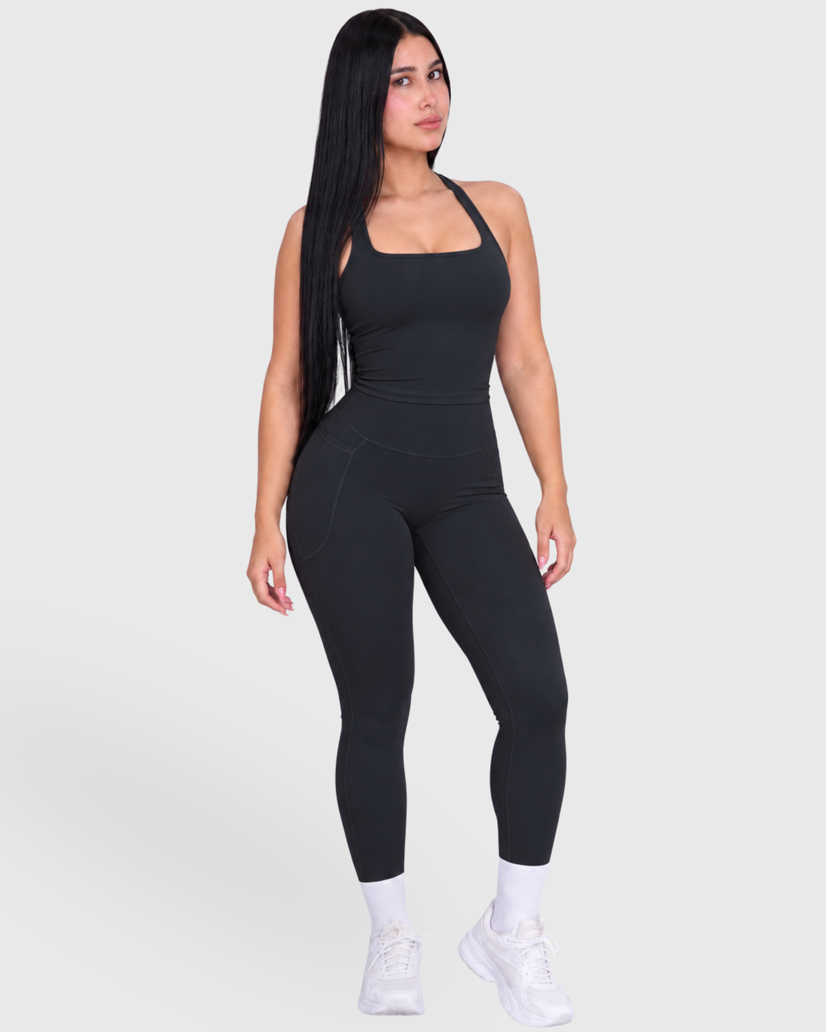 Poise Set in Black, full-body front view of tank top and leggings