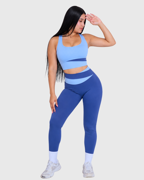Aura Set in Navy and Light Blue, full-body front view of sports bra and leggings