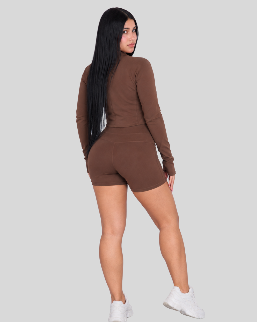 Rhythm Set in Brown, full-body back view of jacket and biker shorts