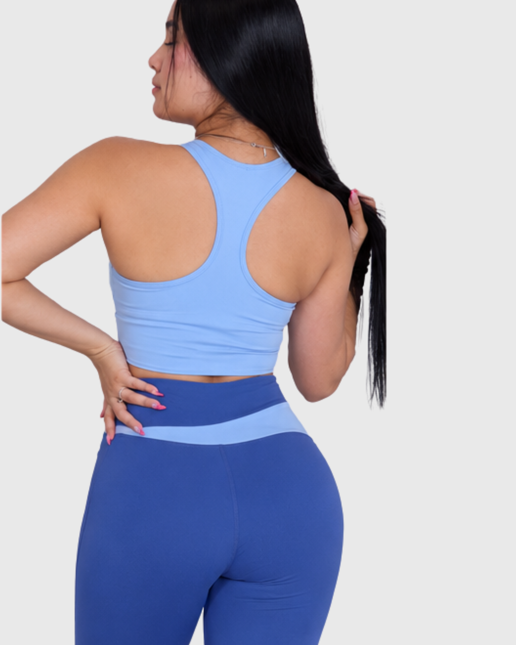 Aura Set in Navy and Light Blue, back view of racerback top and waistband