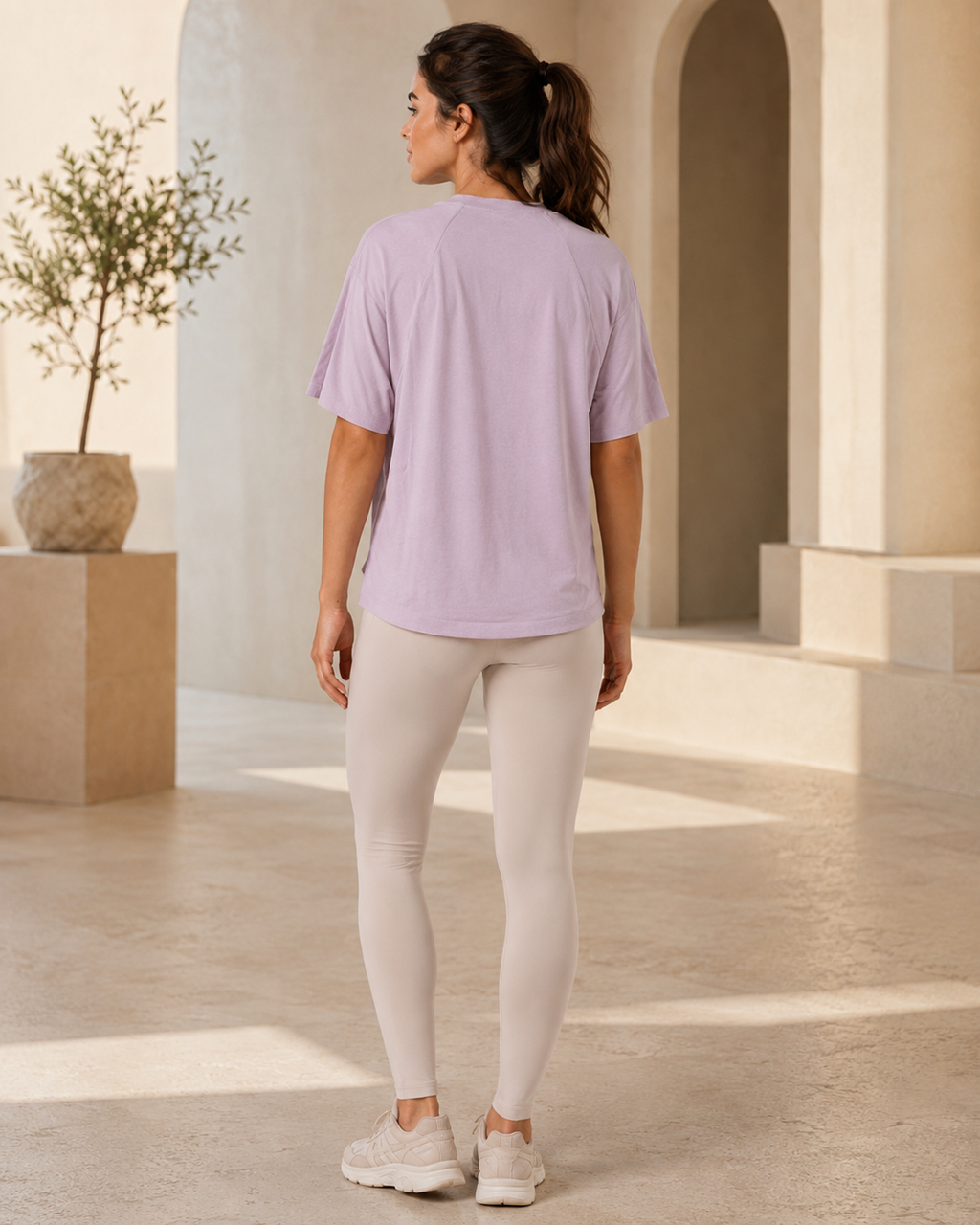Breeze Tee in Soft Rose, full-body back view with light leggings