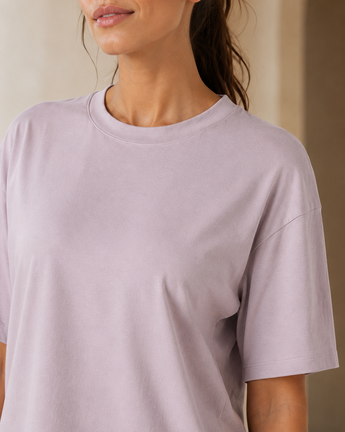 Breeze Tee in Soft Rose, close-up of crew neckline and soft fabric