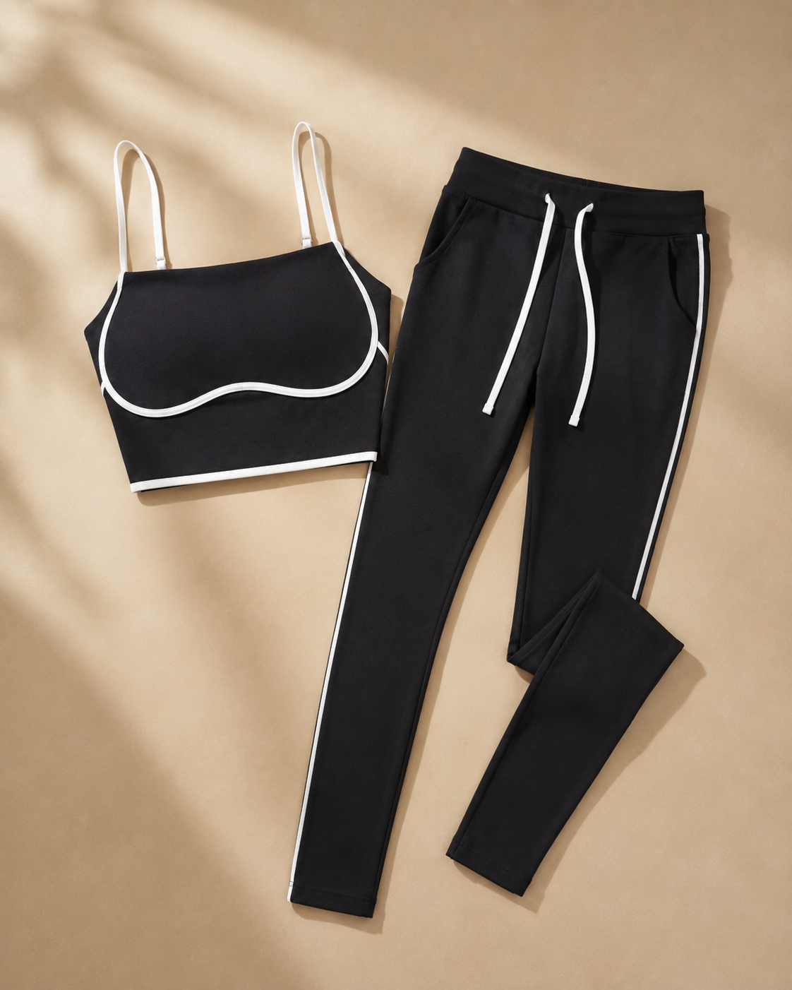 Luna Set in Black, flat lay of bandeau top and drawstring joggers