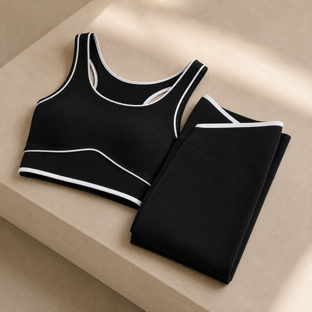 Harmony Set in Black, folded flat lay of sports bra and leggings