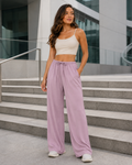 Haven Pants in Dusty Purple, front view of wide-leg pants on outdoor steps