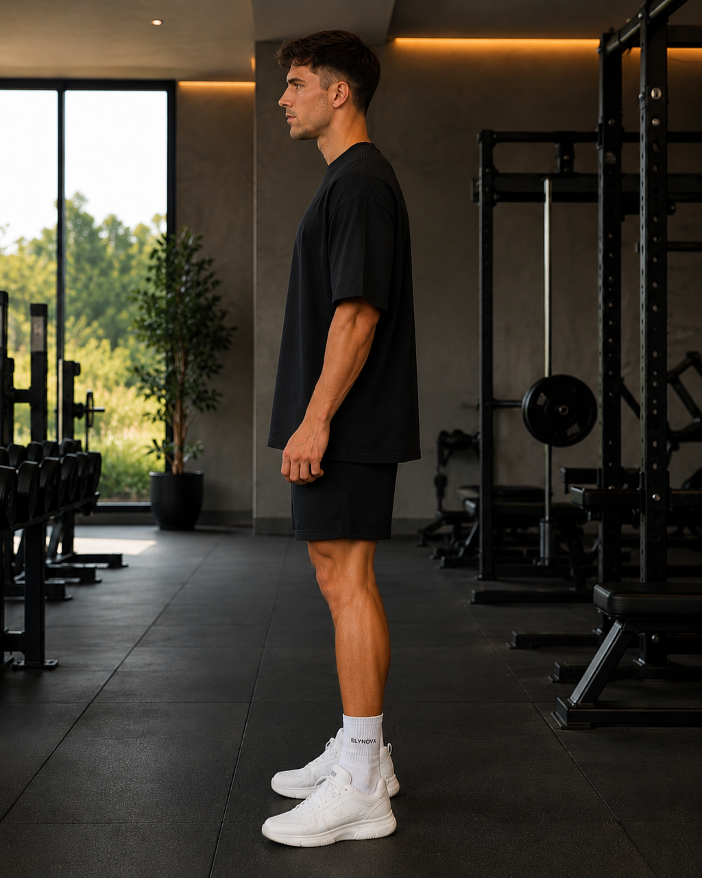 Oversized Tee in Black, side view on a male model in a gym