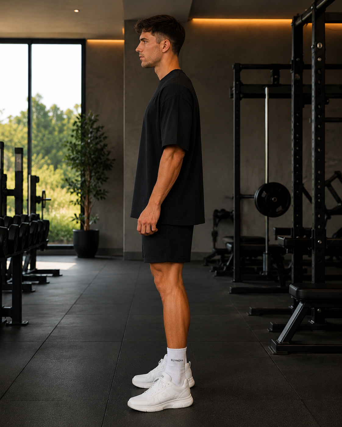 Oversized Tee in Black, side view on a male model in a gym