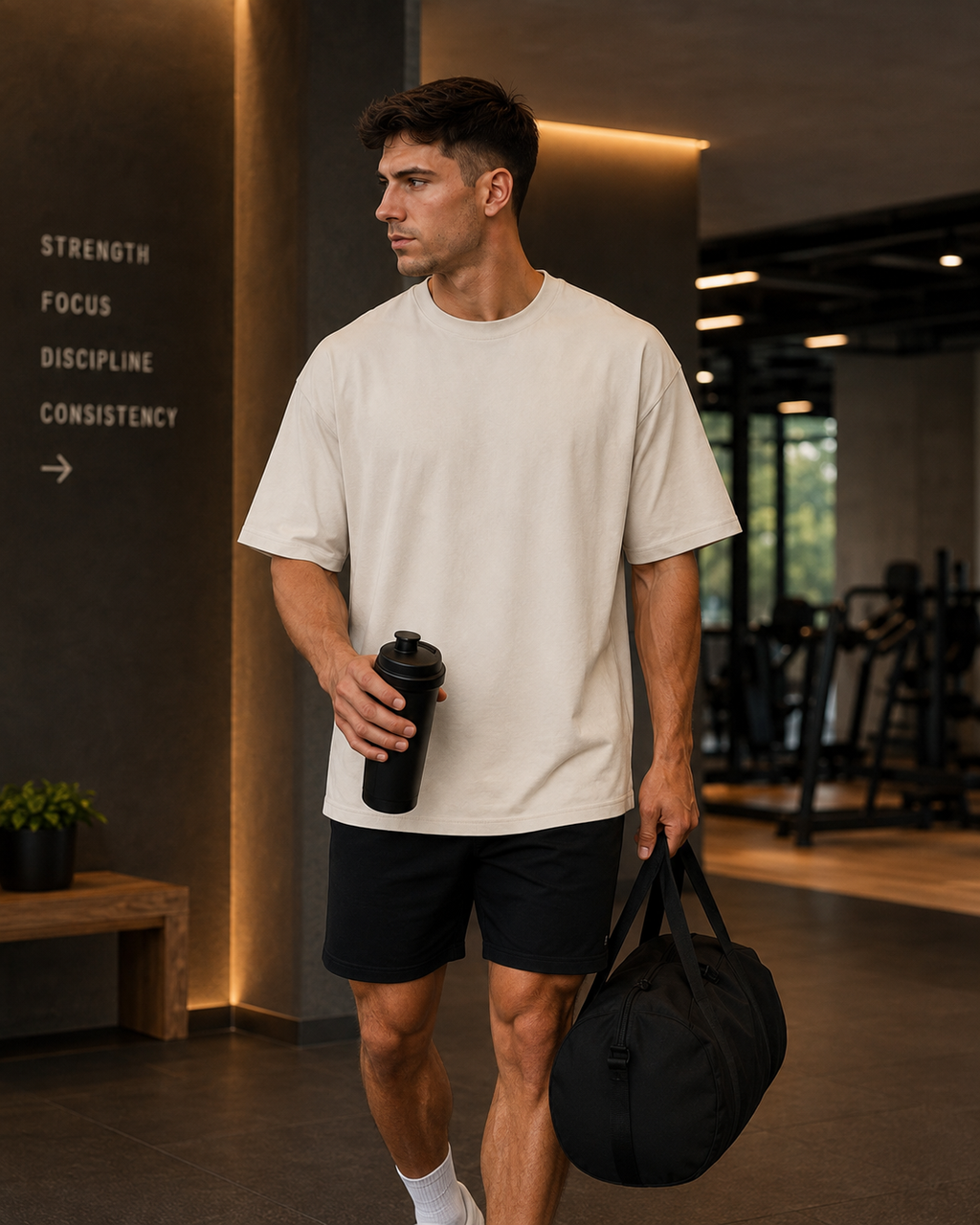 Oversized Tee in a light neutral shade, male model in a gym with bag