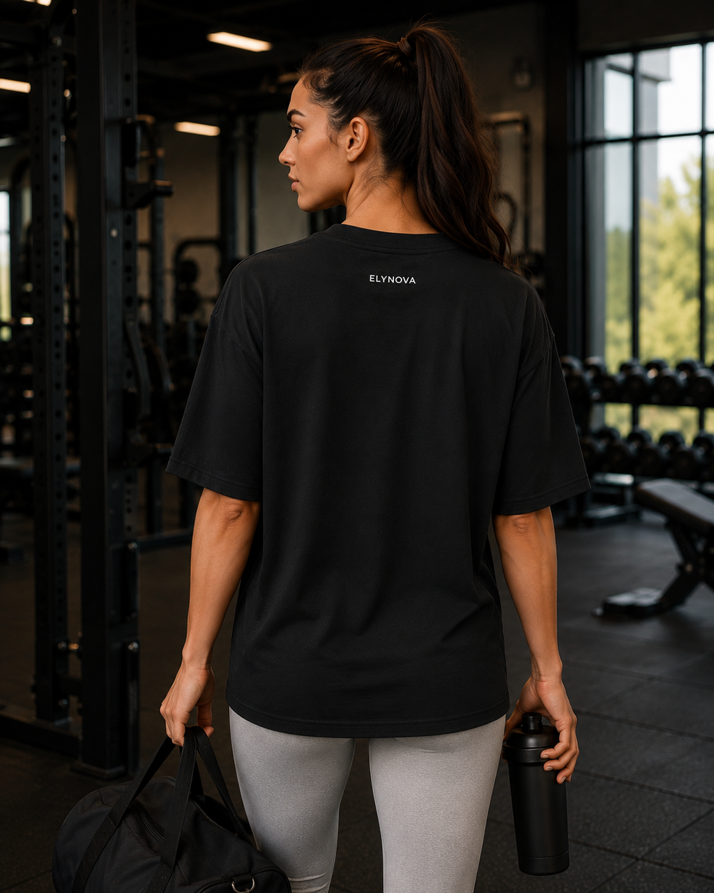 Oversized Tee in Black, back view with small ELYNOVA logo in a gym
