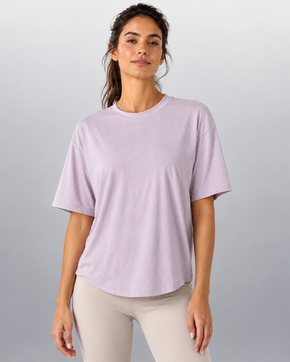 Breeze Tee in Soft Rose, front view of relaxed short-sleeve tee