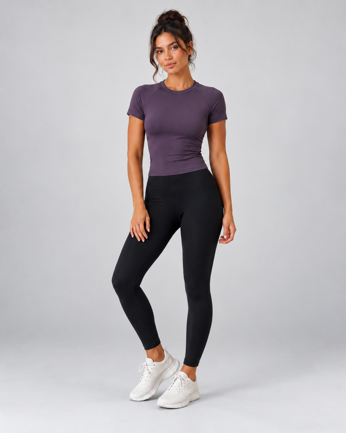 Essence Tee in Dusty Purple, full-body front view with black leggings
