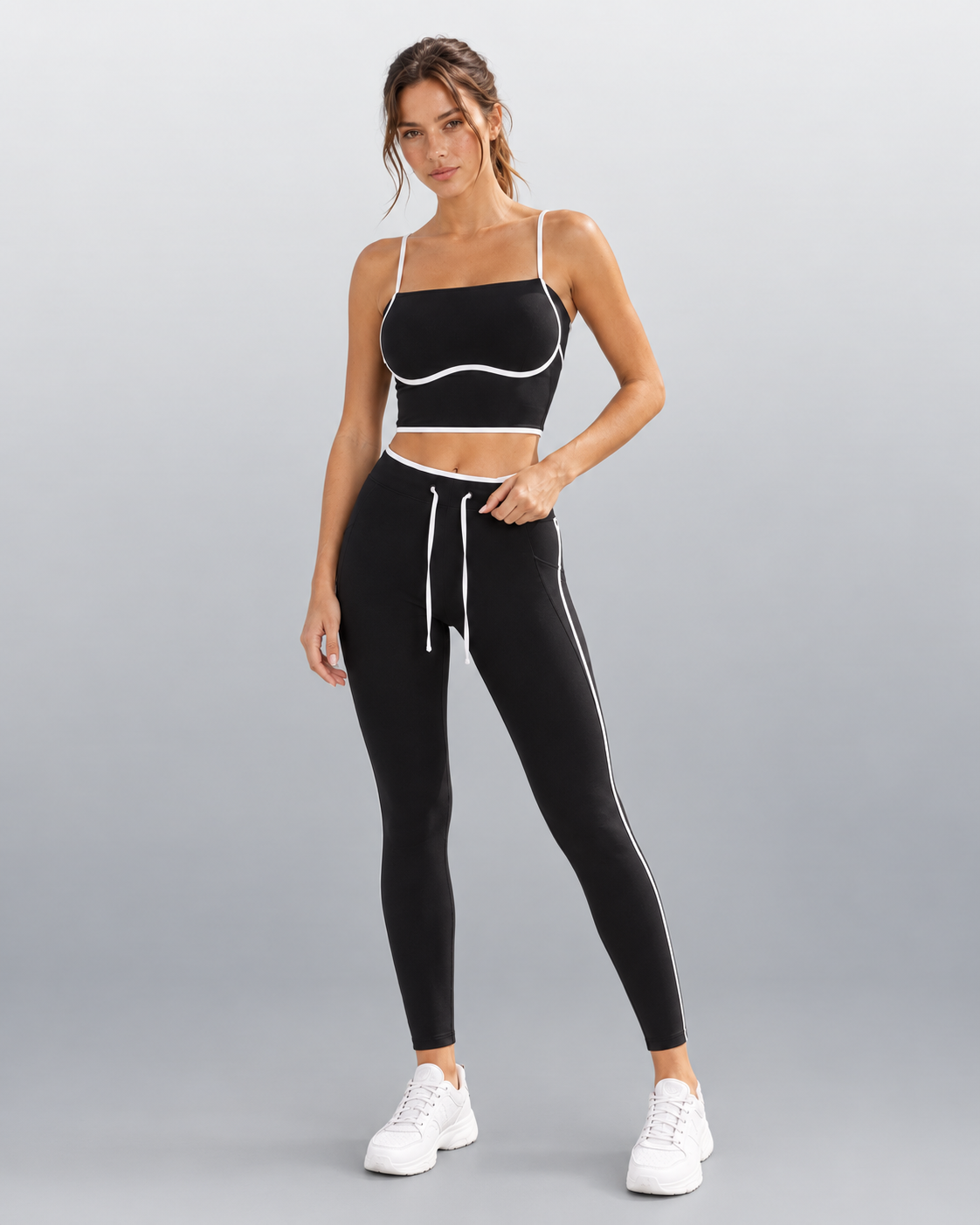 Luna Set in Black, full-body front view of bandeau top and drawstring joggers