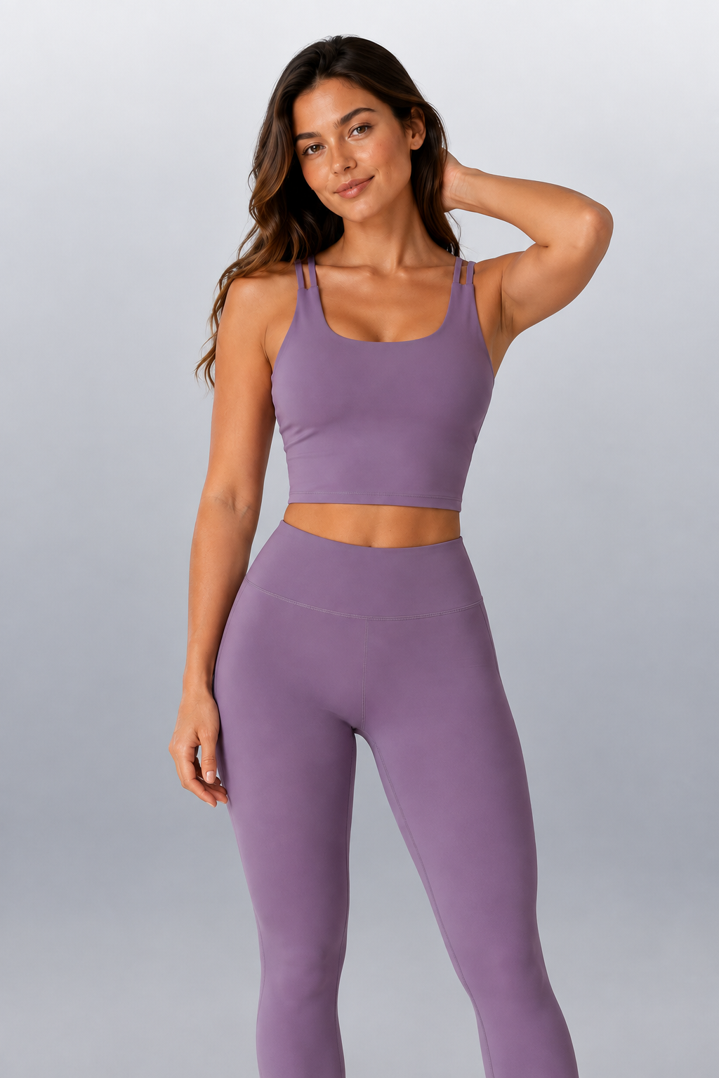Grace Top in Dusty Purple, front view of sports top with matching leggings