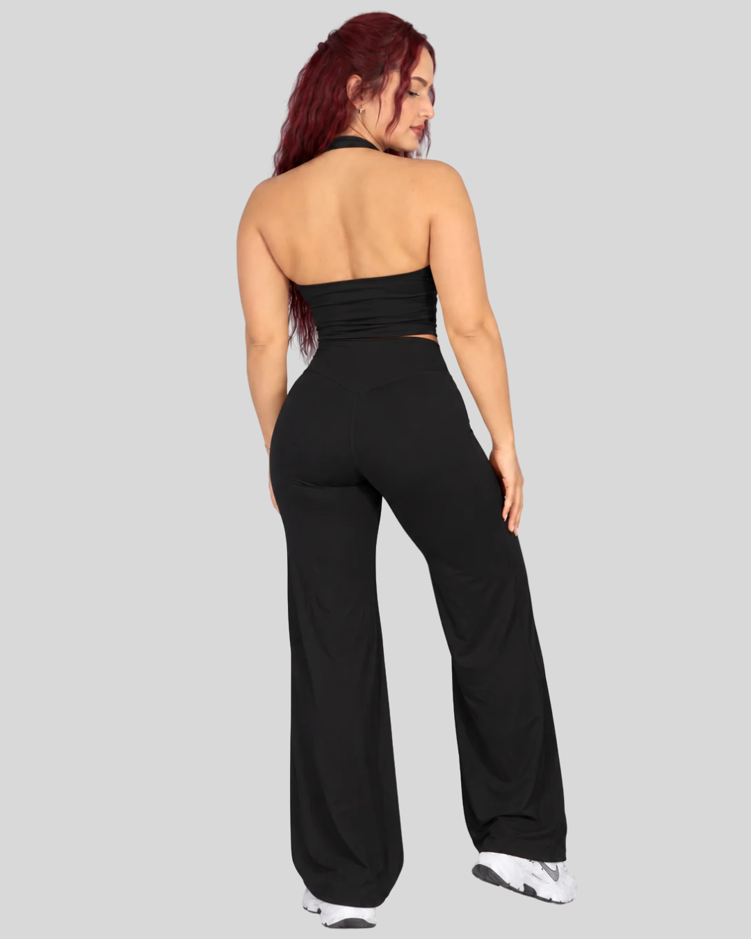 Selah Set in Black, full-body back view of halter top and wide-leg pants
