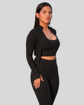 Halo Set in Black, front view of zip jacket, sports bra and leggings