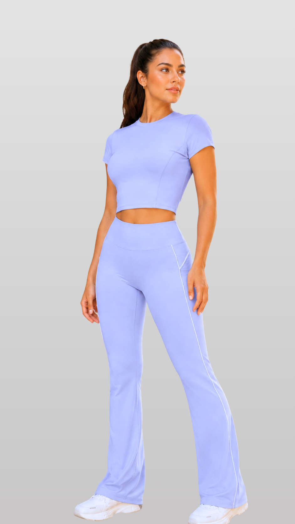 Balance Set in Purple, front view of cropped tee and flared leggings