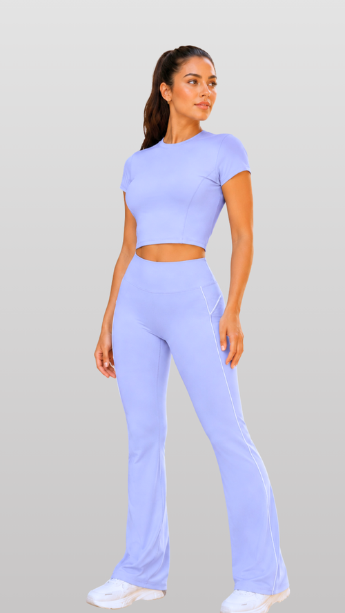 Balance Set in Purple, front view of cropped tee and flared leggings